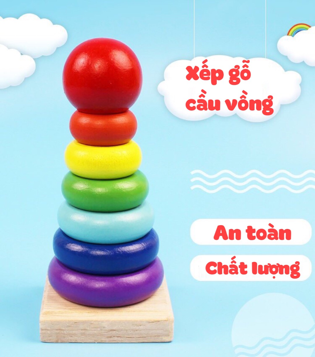 Đồ chơi gỗ Bộ Tháp Xếp Chồng 7 Sắc Cầu Vồng Cho Bé Nhận Biết Màu Sắc Kích Thước