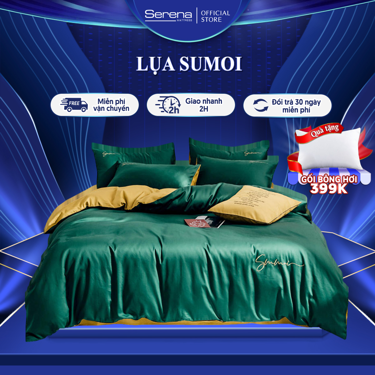 Bộ ga giường 5 món cao cấp lụa sunmoi SERENA chính hãng - bộ chăn ga ra drap gối mền nệm đệm giường đẹp phi lụa thái 5 món khách sạn cao cấp 1m2 1m4 1m6 1m8 2m 2m2x2m