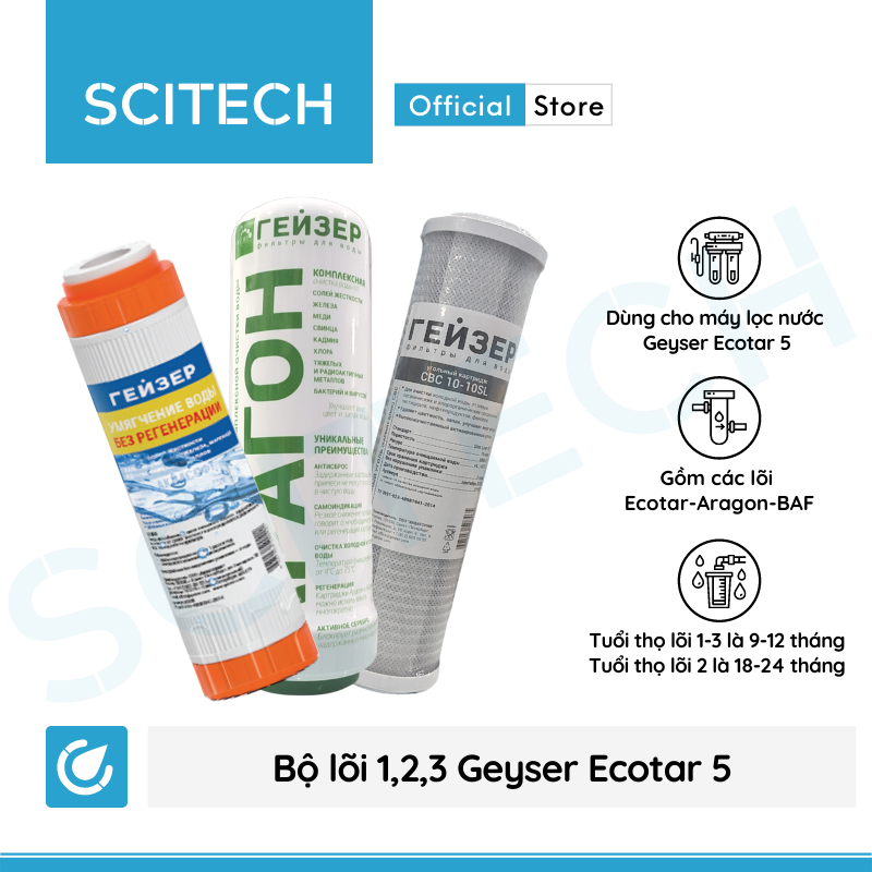 [HCM]Bộ lõi số 123 máy lọc nước Geyser Ecotar 5 (Lõi Aquasoft-Aragon-CBC)