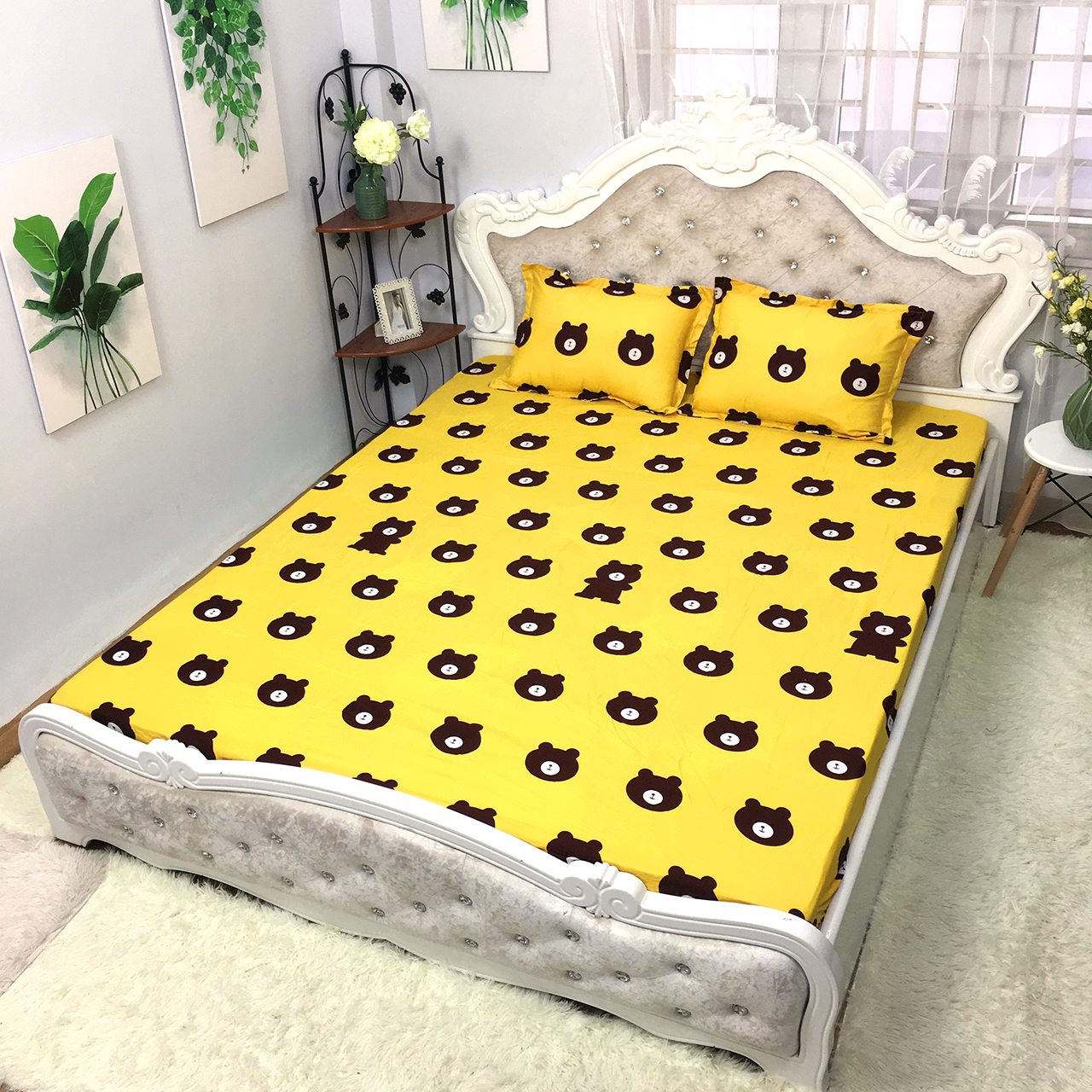 Bộ ga và 2 vỏ gối cotton poly mẫu gấu vàng