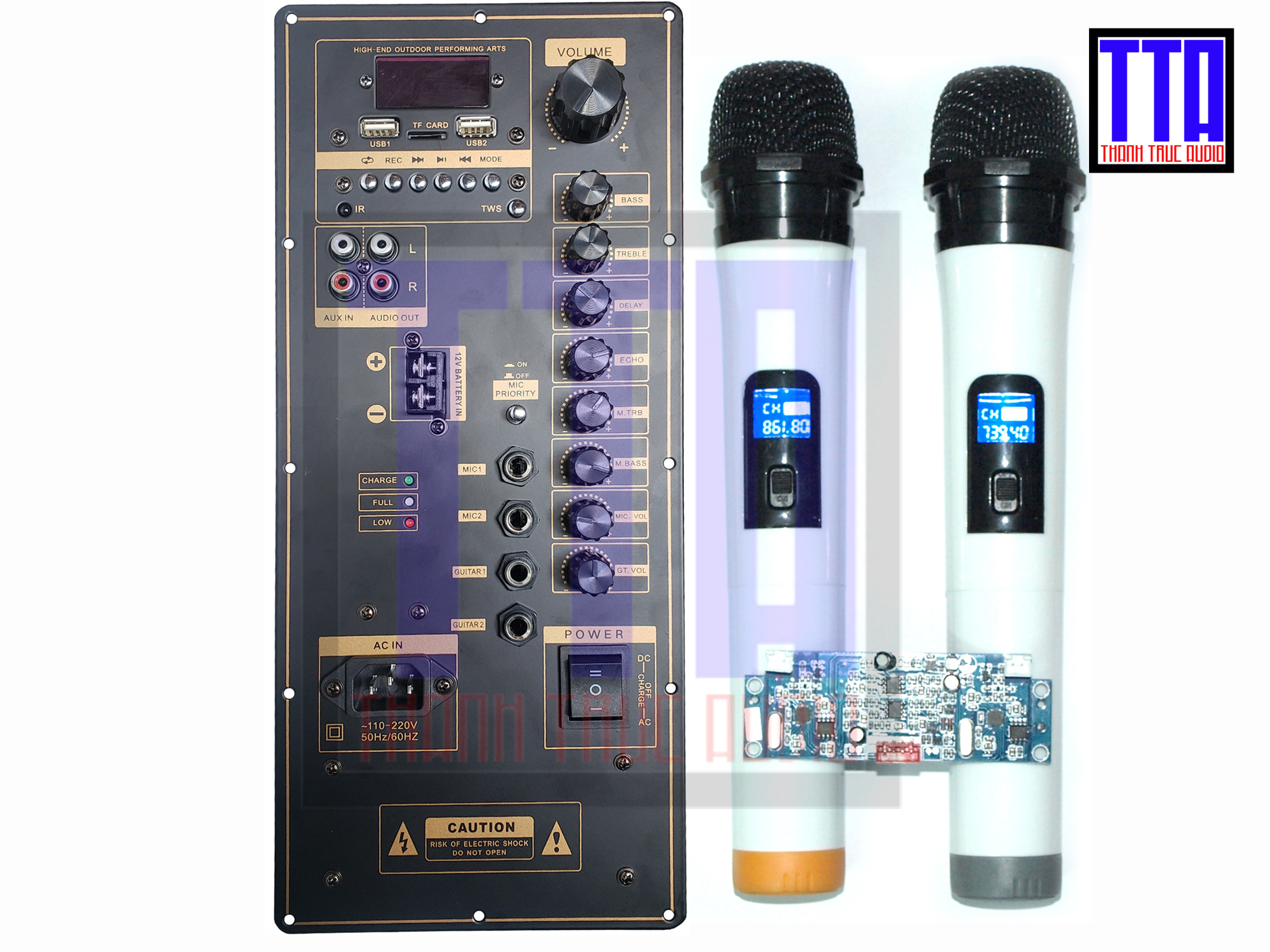 Mạch loa kéo công suất lớn - bo loa kéo GD 3 tấc đôi - 2 kênh + 1 cặp micro UHF