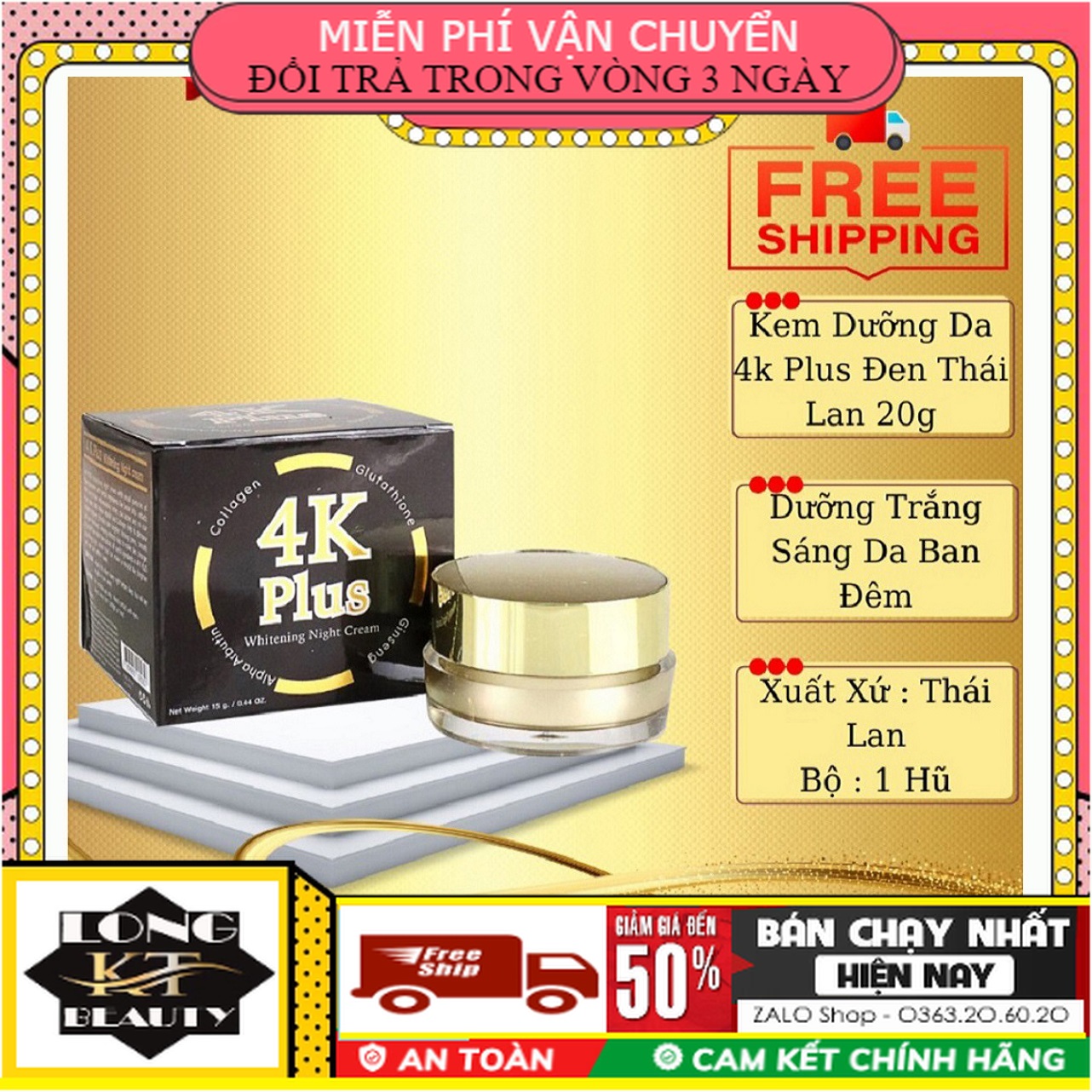 [Cam kết Chuẩn thái- 4k plus 5x]-Kem Dưỡng Trắng Da Mặt 4K Plus Thái Lan [Màu Đen] Chính Hãng Thái Lan 20GR