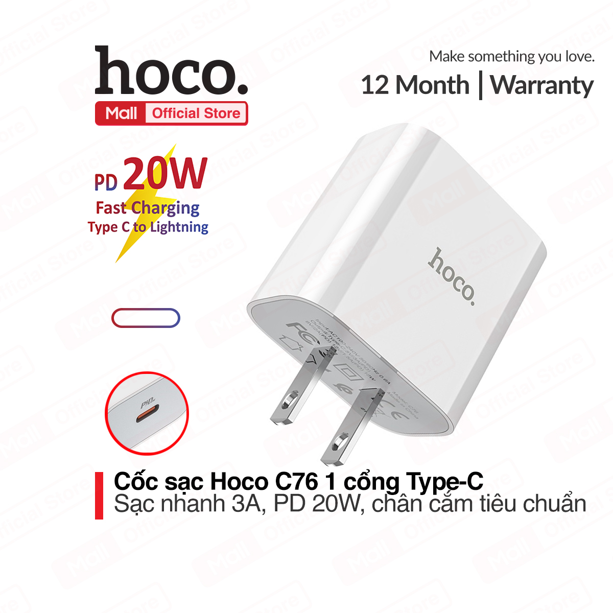 [HCM]Cốc sạc nhanh PD 20W Hoco C76 1 cổng Type-C hỗ trợ sạc nhanh 3.0A cho các dòng iPhone/iPad