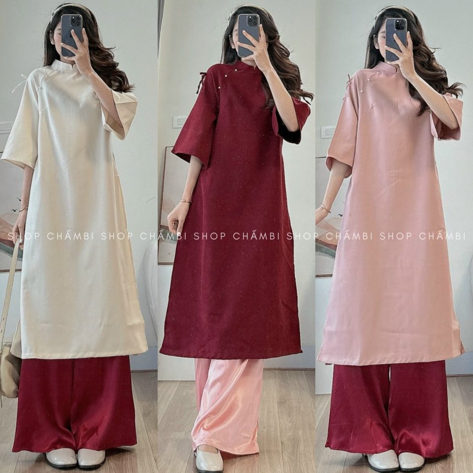 Set áo dài cách tân nữ S.173, Set áo dài cách tân nữ cổ tàu tay lửng dáng rộng có 2 nơ vai - Shop Ch