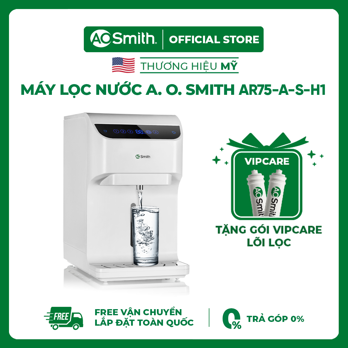 Máy lọc nước a. o. smith ar75-a-s-h1 - tặng vipcare 2 lõi lọc - chức năng nóng lạnh - ro side stream bản quyền mỹ - tuổi thọ ro 3 năm - free shipping