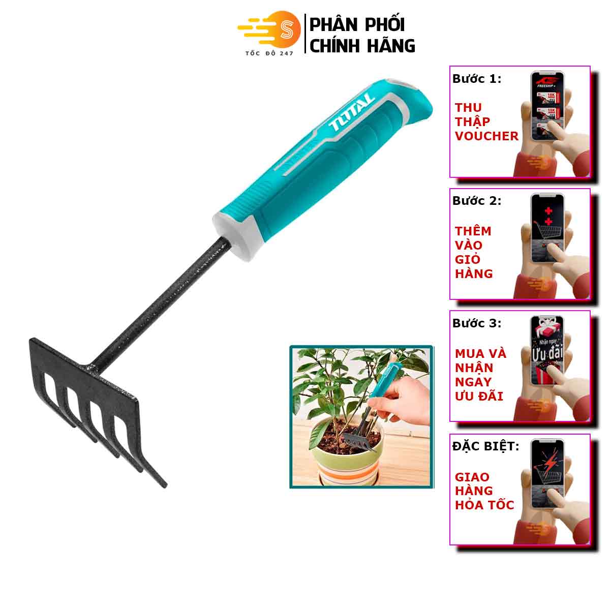 Cây cào đất làm vườn 270mm total thftr1008 - làm từ thép carbon, chăm sóc cây, trồng cây, trồng hoa - tốc độ 247