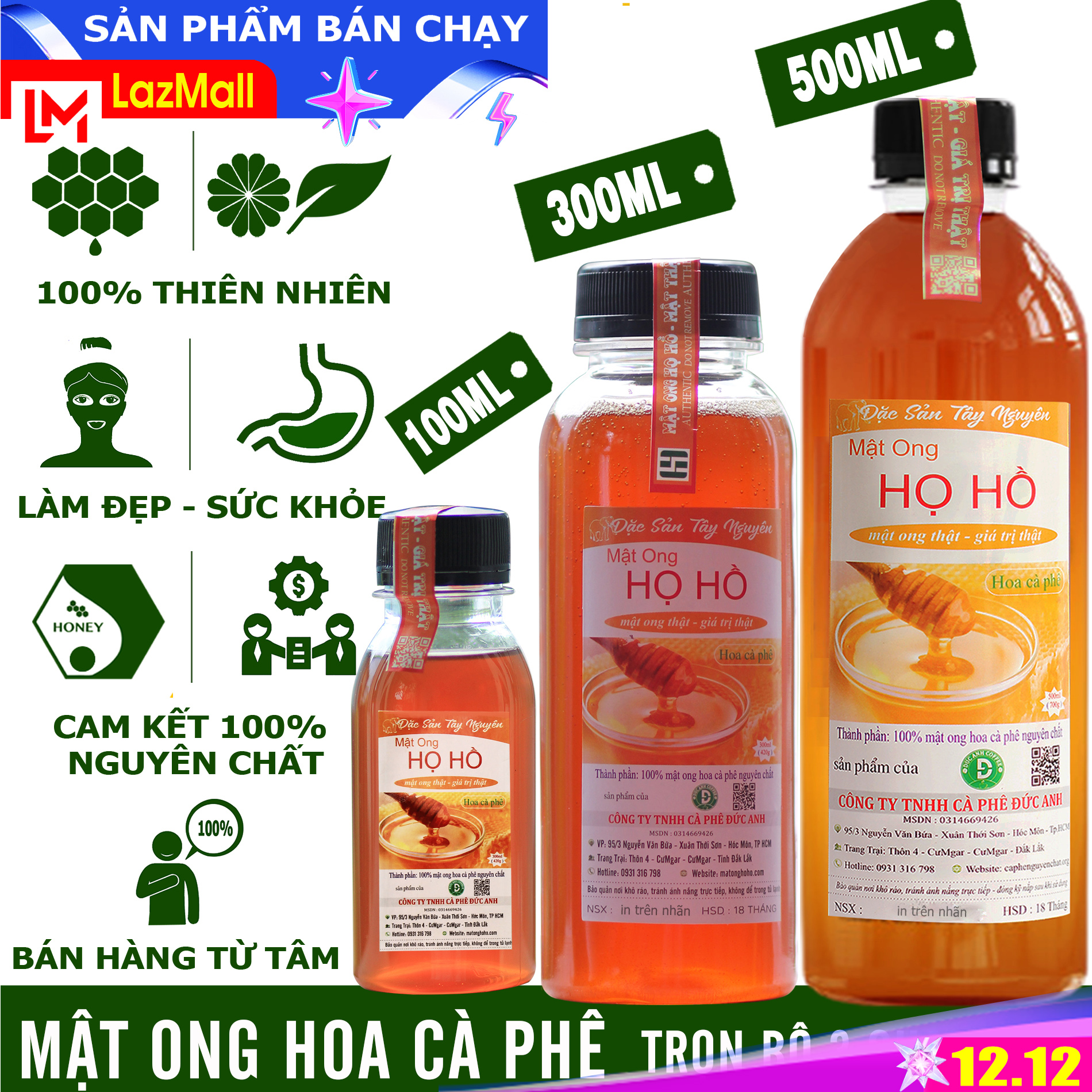 Trọn bộ 3 Chai Nhựa Mật Ong Hoa Cà Phê Họ Hồ (100ml+300ml+500ml) - Hỗ trợ tiêu hóa, tăng cường sức đề kháng, làm đẹp - mật ông Họ Hồ - mật thật giá trị thật