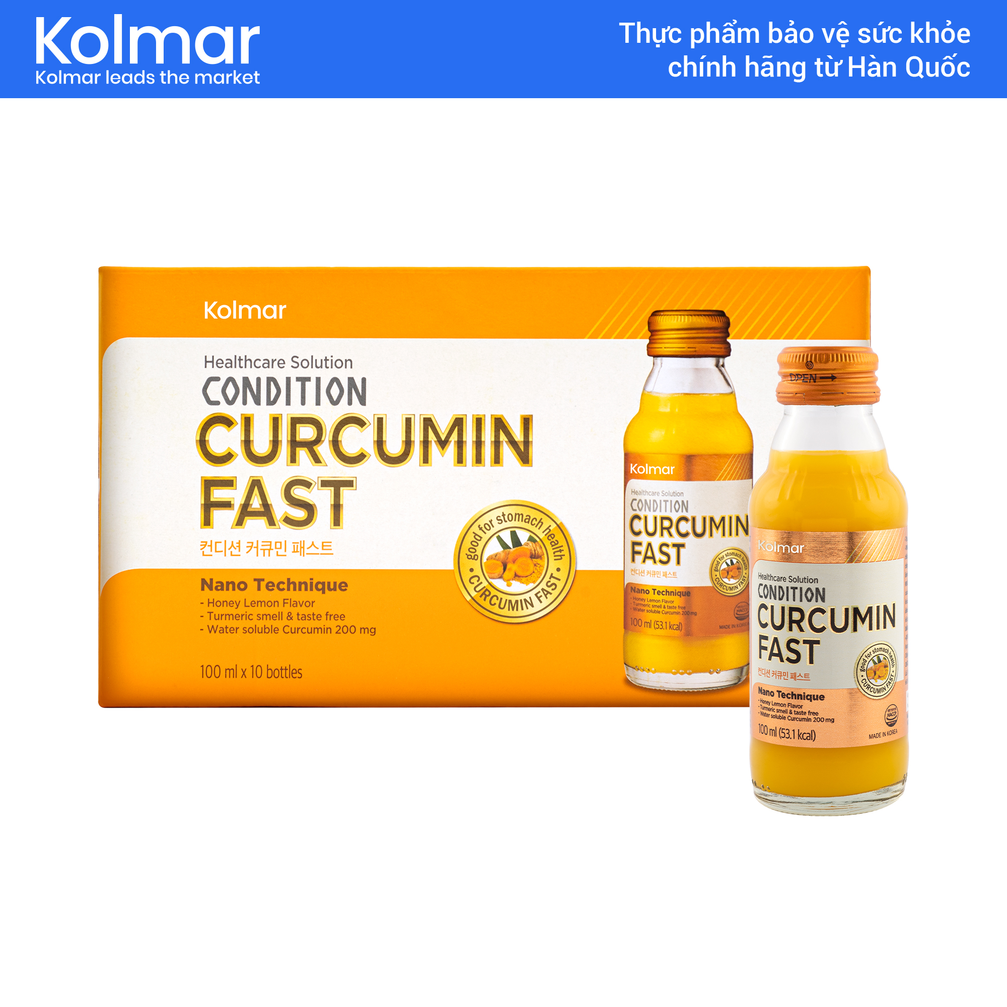 Kolmar - Thực phẩm bảo vệ sức khỏe hộp 10 chai nước tinh nghệ Nano Condition Curcumin Fast bảo vệ và tăng cường chức năng dạ dày