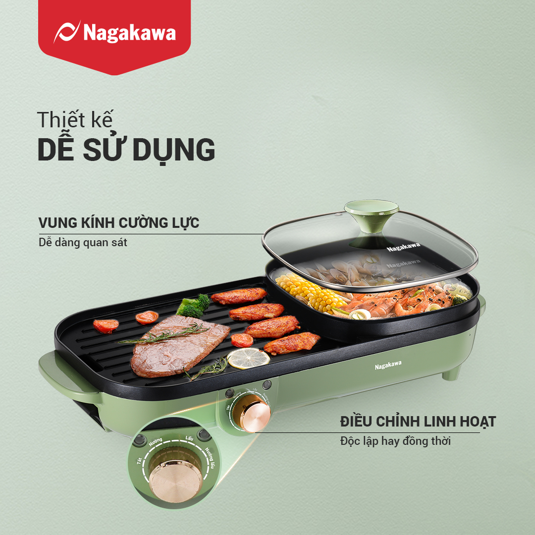 Bếp lẩu nướng điện đa năng Nagakawa NAG3104 ,nồi lẩu nướng đa năng ,bếp nướng lẩu đa năng ,bếp lẩu nướng đa năng 2 trong 1,với chức năng vượt trội rễ vệ sinh với nút điều chỉnh nhiệt theo ý muốn BH 12 THÁNG