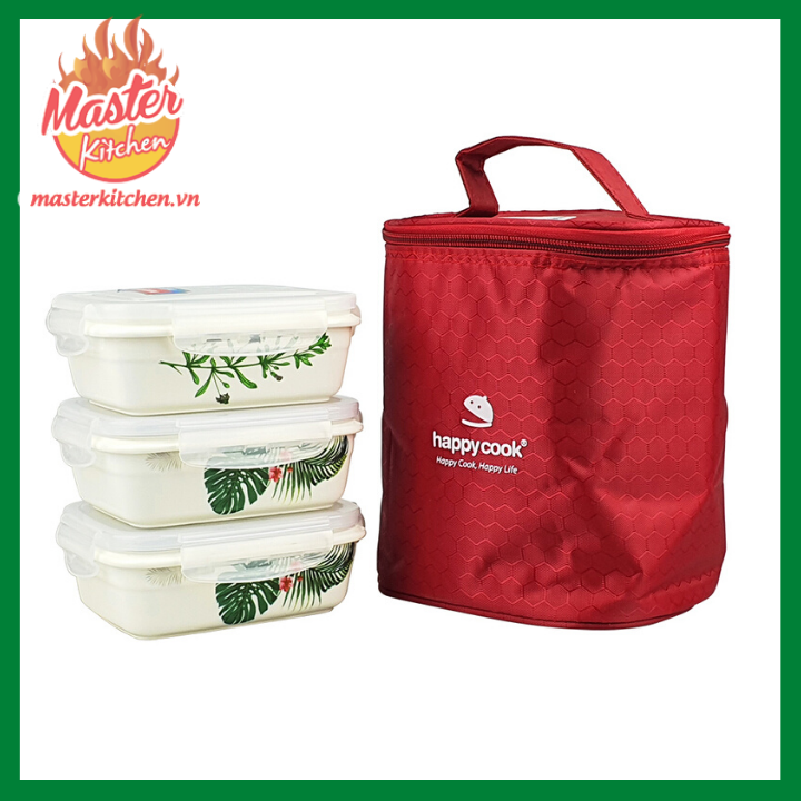 Bộ 3 Hộp Sứ Chữ nhật Kèm Túi Giữ Nhiệt HAPPY COOK