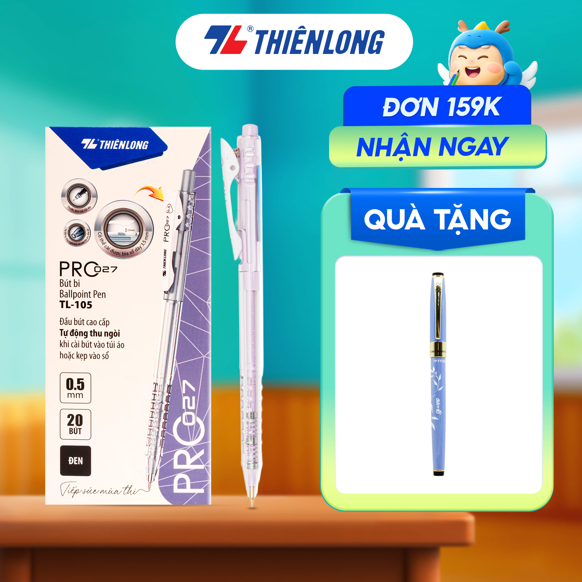 Combo 5/10/20 Bút bi Thiên Long PRO 027 ngòi cao cấp 0.5mm, thân bút màu pastel thời trang tự động thu ngòi TL-105