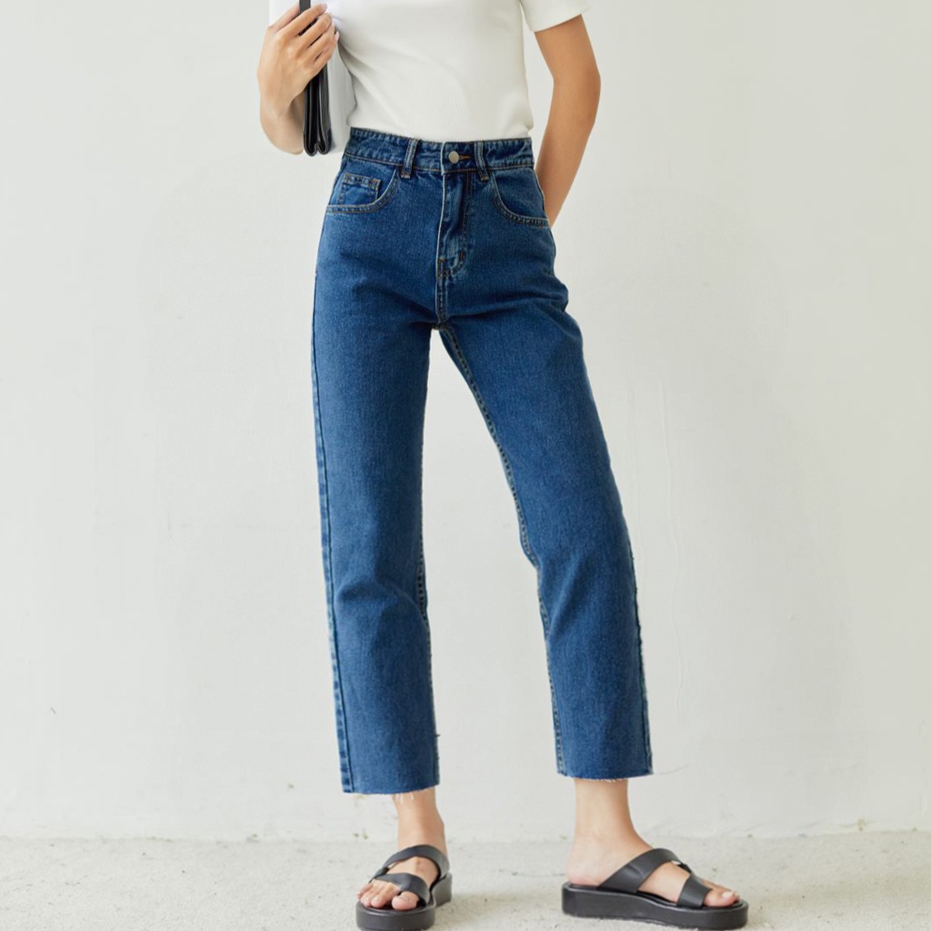 Quần Jeans Cotton Nữ Lưng Cao Form Straight Jeans Cutline Ống Đứng Màu Clic Blue  - Weier.Q