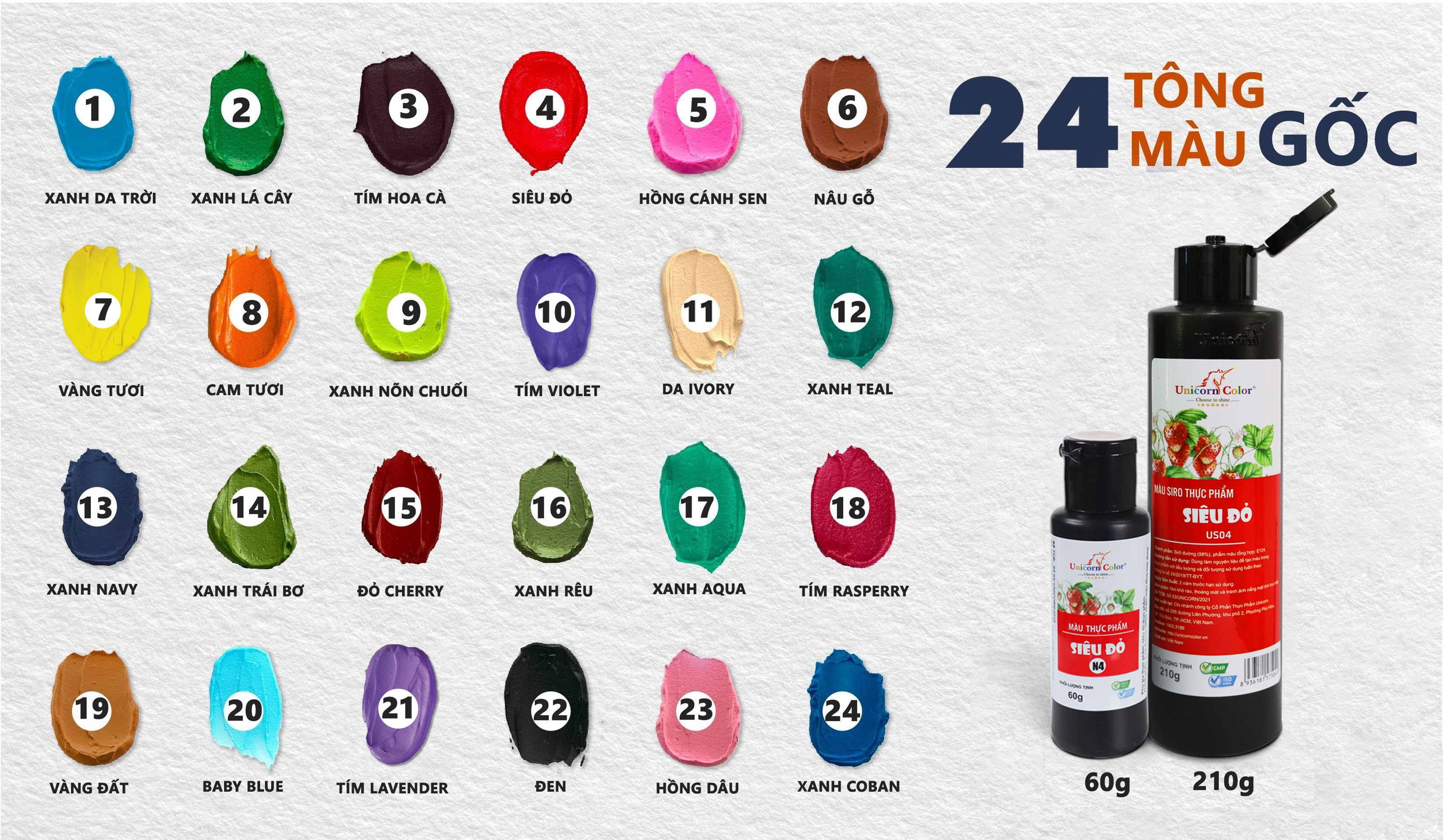 BỘ MÀU SIRO UNICORN LOẠI 60G VÀ 210G ( MUA 1 TẶNG 1 SÁCH CẨM NANG PHA MÀU)