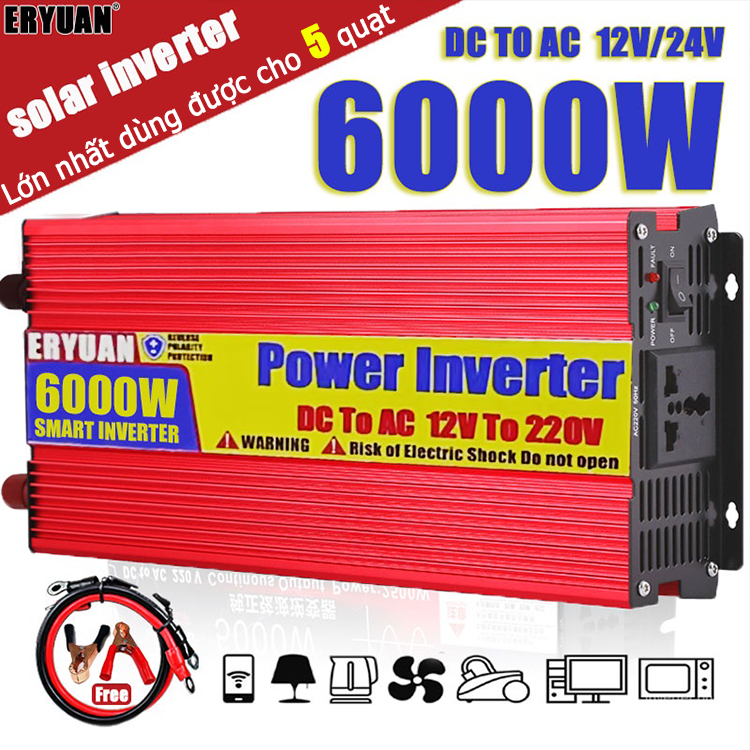 công suất siêu cao 6000Wbộ kích điện 12v lên 220vERYUAN Inverter sin chuẩn Bộ kích nguồn điệnkhẩn cấp cho xe hơi dụng cho chiếu sáng đènquạtnguồn dự phòngđồ dùng điện giađình Độ ổn định điện áp caoKhông gây ô nhiễm môi trường