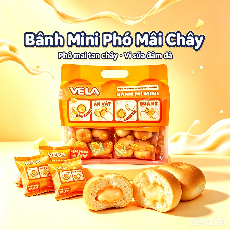 Bánh mì mini vị phô mai VELA 5 gói 240g bánh mì mềm như mây ăn liền bữa sáng ăn vặt văn phòng trẻ em