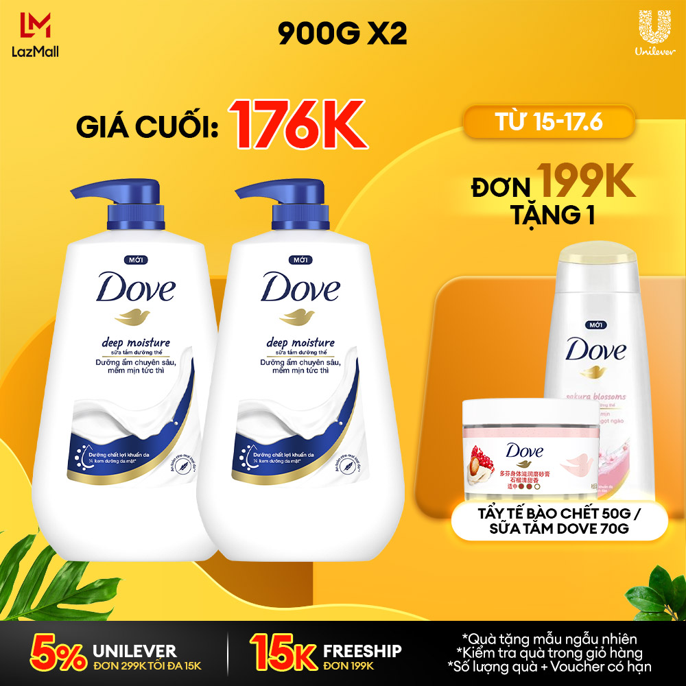 Combo 2 Sữa tắm dưỡng thể Dove Deep Moisture Dưỡng ẩm chuyên sâu với dưỡng chất lợi khuẩn da 900g/chai