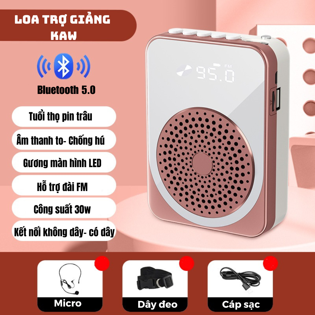 Loa trợ giảng KAW Máy trợ giảng không dây UHF công suất loa lớn tích hợp bluetooth 5.0 chống hú rít âm thanh chuẩn độ nhạy cao dùng cho giảng dạy bán hàng tour du lịch