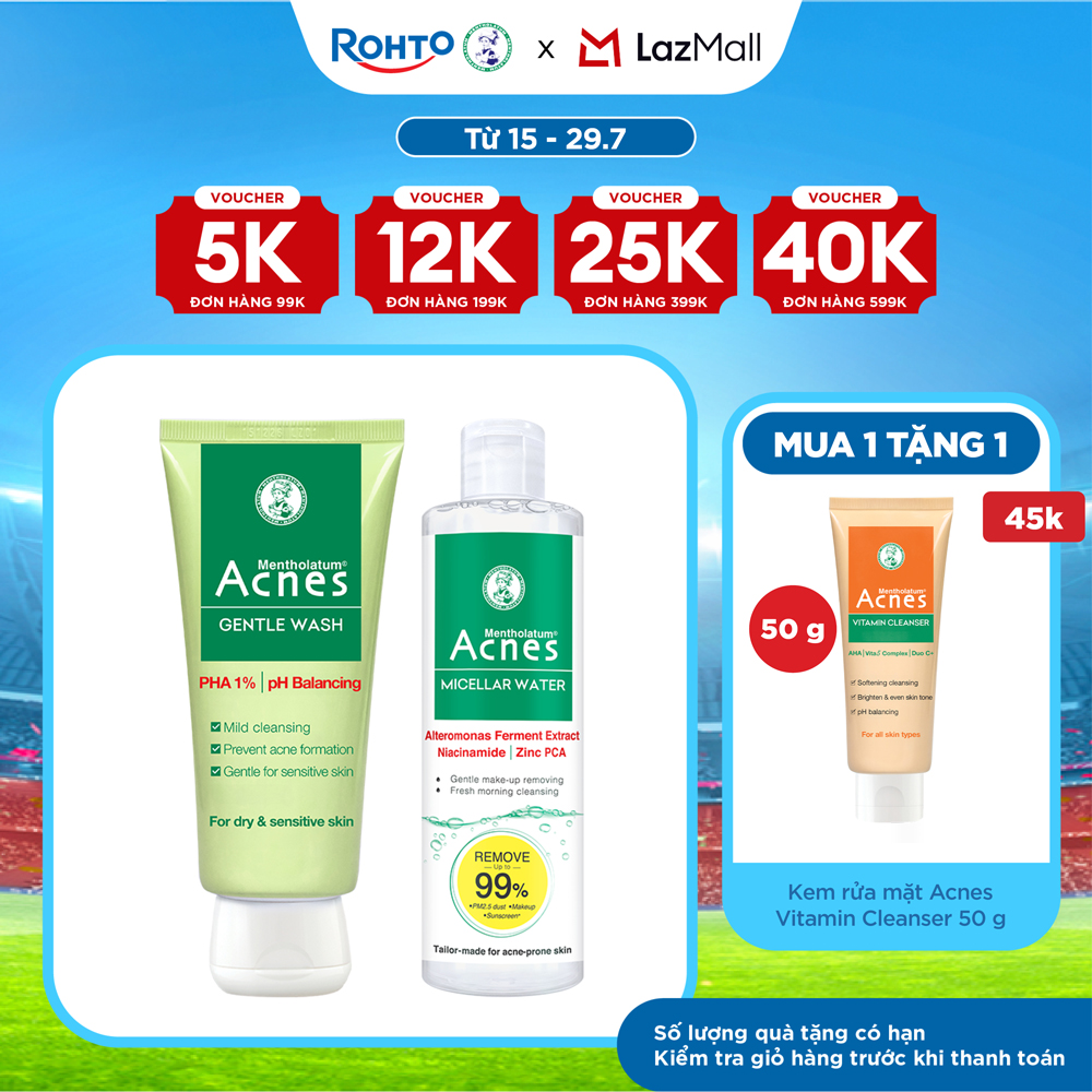 [VB] Bộ đôi sạch sâu hàng ngày cho da mụn, da dầu (Gel rửa mặt Acnes Gentle Wash 100g + Nước tẩy trang Acnes Micellar Water 200ml)