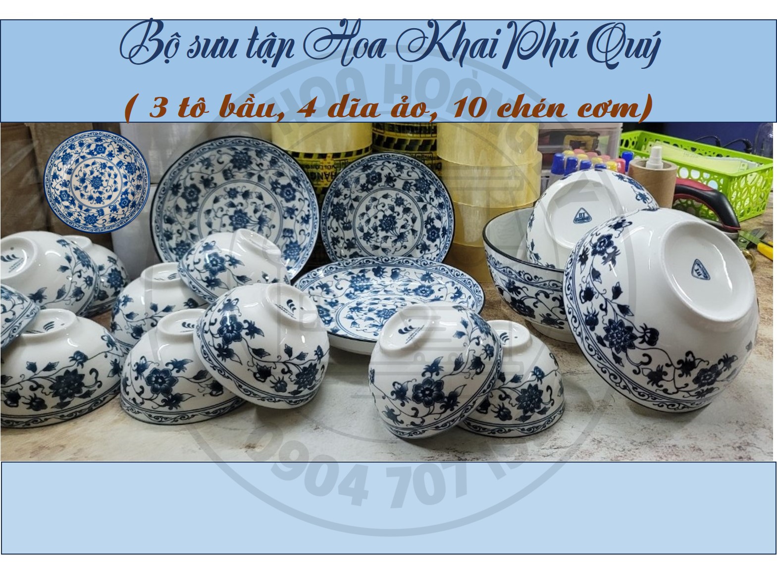 Bộ tô, chén, đĩa gốm sứ 4d họa tiết hoa khai phú quý
