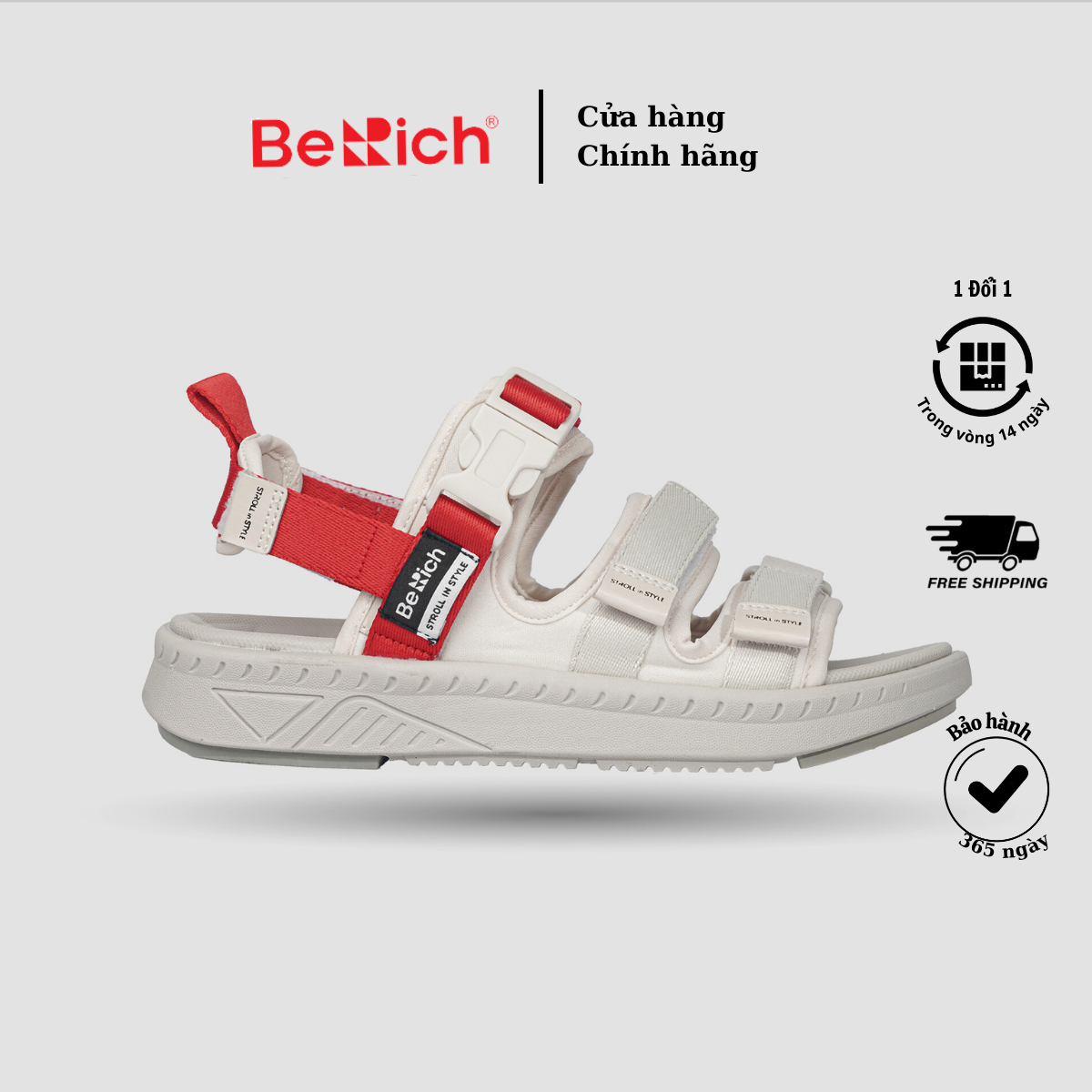 Giày Sandal Nam Nữ Unisex BeRich - 279,3 Quai, Màu sắc Be x Đỏ