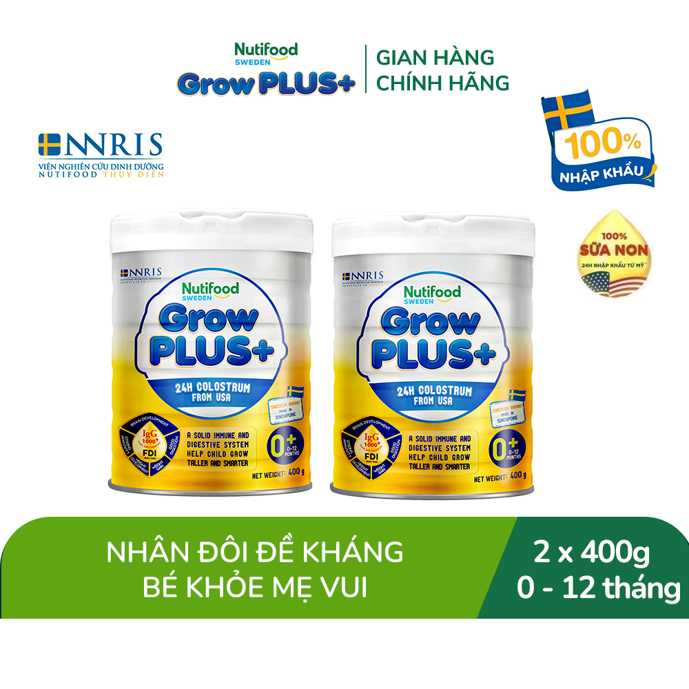 Bộ 2 Sữa Bột Nutifood GrowPLUS+ Sữa Non - Hỗ Trợ Tăng Cường Đề Kháng 0-12 Tháng Tuổi - Tăng Cường Hệ Miễn Dịch, Tiêu Hóa Tốt (2 Lon x Lon 400g)