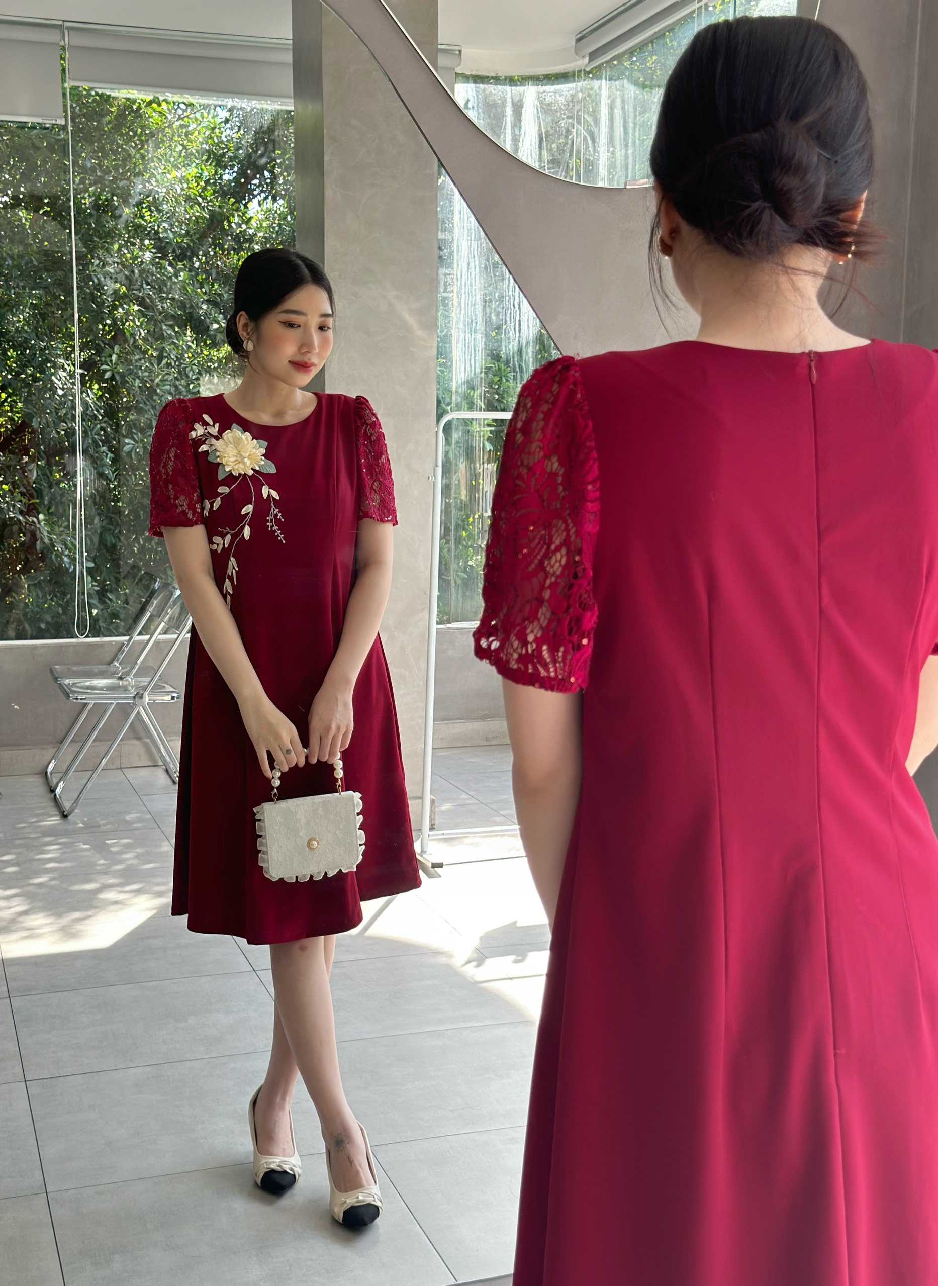 Đầm nữ dáng xòe phối hoa , kiểu dáng thanh lịch và sang trọng, đầm dự tiệc - quà tặng mẹ