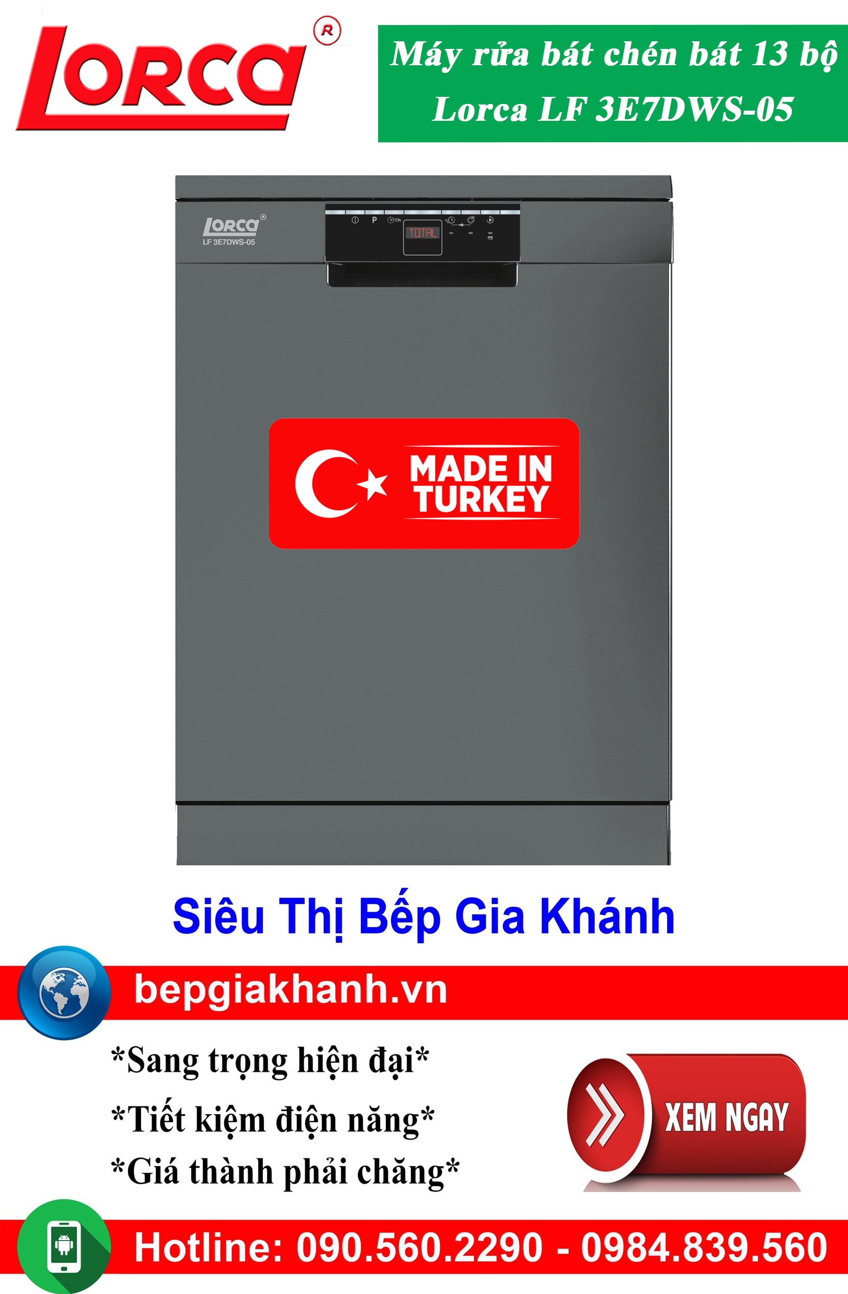 Máy rửa bát 13 bộ Lorca LF 3E7DWS-05 nhập khẩu Thổ Nhĩ Kỳ, máy rửa chén, máy rửa chén bát, máy rửa bát, máy rửa bát giá rẻ, may rua bat, may rua chen, may rua bat gia re
