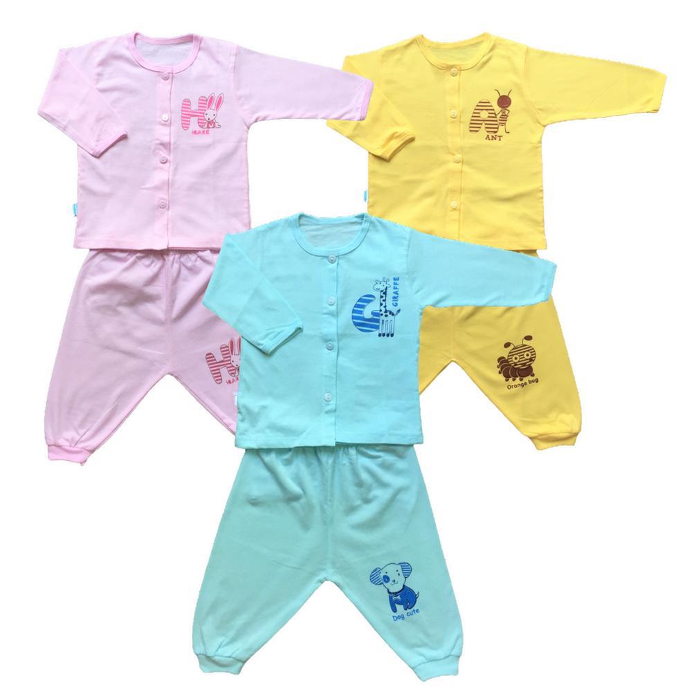 Quần áo sơ sinh - Combo 3 Quần dài, 3 Áo dài tay cài khuy giữa Thái Hà Thịnh chất cotton mềm mại