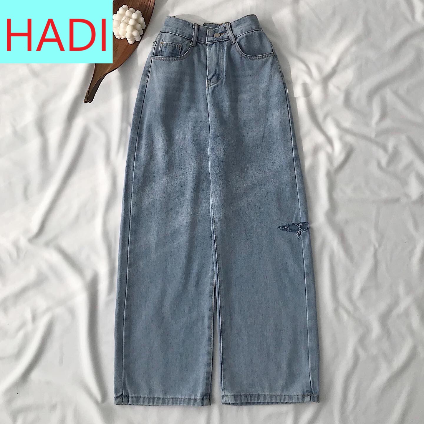 [ HẢO HÁN ] QUẦN JEANS ỐNG RỘNG NỮ LƯNG CAO RÁCH BE TRÁI GIỮA CAO CẤP LAI CUỐN MÀU XANH NHẠT MỀM MỊN CỰC PHONG CÁCH HADI CHỤP NGAY PHONG CÁCH