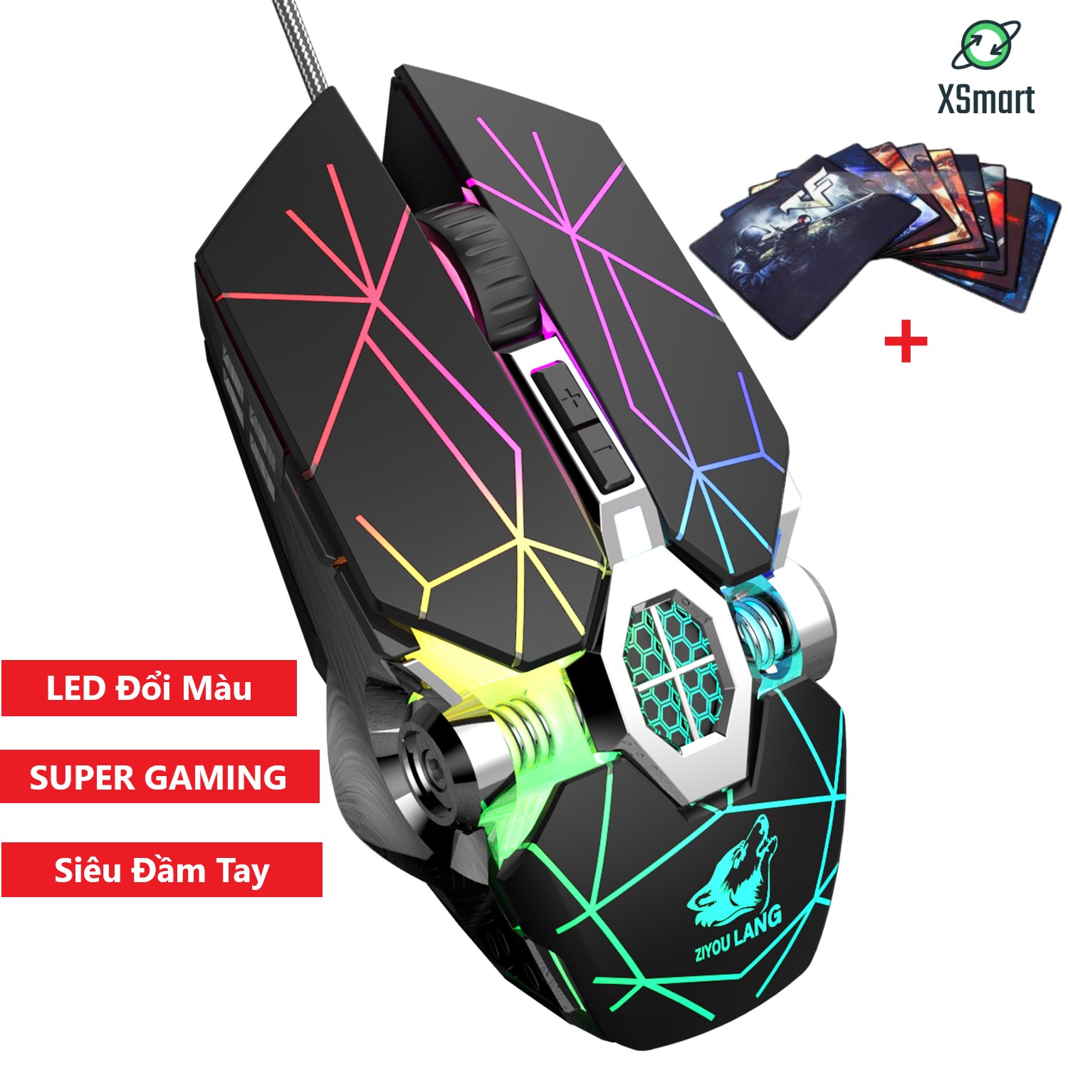 Chuột gaming máy tính có LED đổi màu V8 SUPER GAMER kèm LÓT CHUỘT GAME chỉnh được DPI tương thích laptop máy tính bàn pc - XSmart