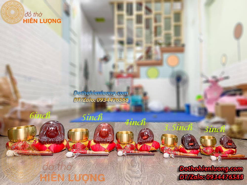 Bộ chuông mõ màu vàng trơn bằng đồng đài loan - đồ thờ hiên lượng
