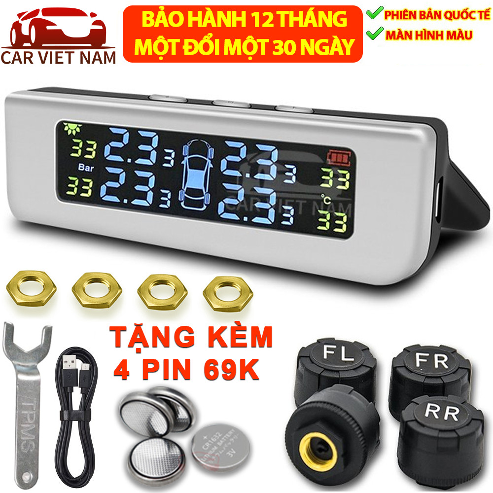 Cảm biến áp suất lốp ô tô Van Ngoài - Van Trong CHÍNH HÃNG thế hệ quốc tế mới cao cấp, chip xử lý công nghệ Đức, màn hình LCD màu hiển thị thông số, chống nước, cảnh báo hình ảnh và âm thanh pin năng lượng mặt trời bền bỉ tốt