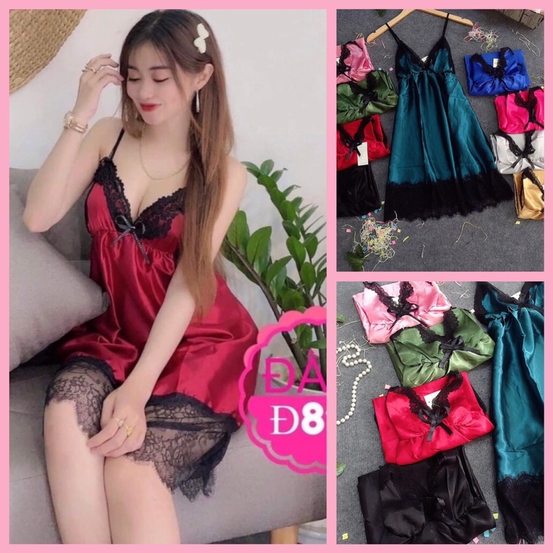 Đầm ngủ sexy nữ - đầm ngù nữ chất phi bóng phối ren free size 40-55kg