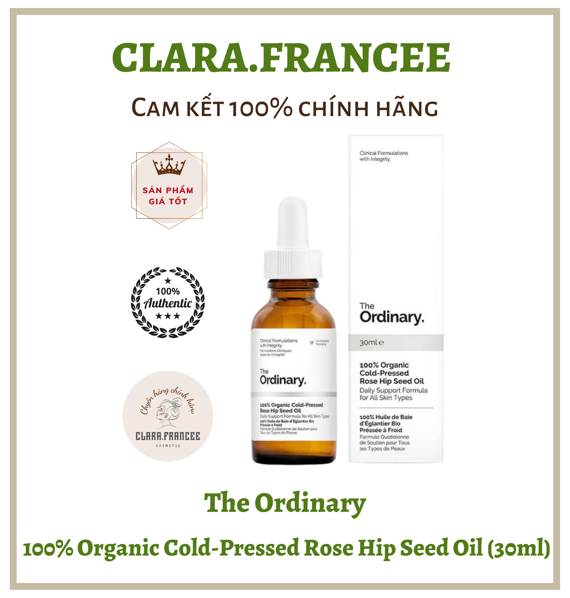 Dầu dưỡng da cấp ẩm, dưỡng sáng da, tái tạo tế bào và gia tăng collagen và elastin chiết xuất nụ tầm xuân The Ordinary 100% Organic Cold- Pressed Moroccan Argan Oil 30ml (bản Pháp)