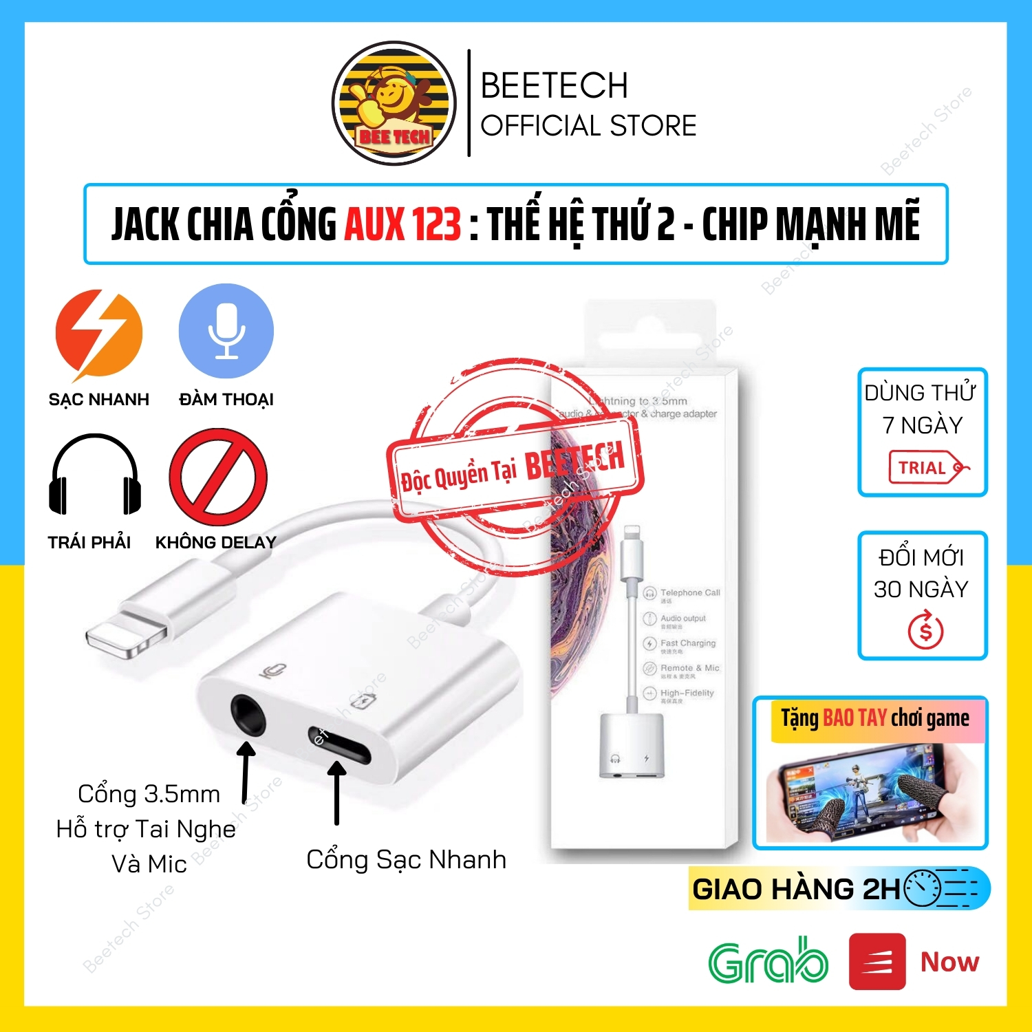 Jack chia cổng, giắc chuyển đổi chân sạc thành cổng sạc + tai nghe 3.5mm( Tròn) AUX123 cho iPhone - Beetech