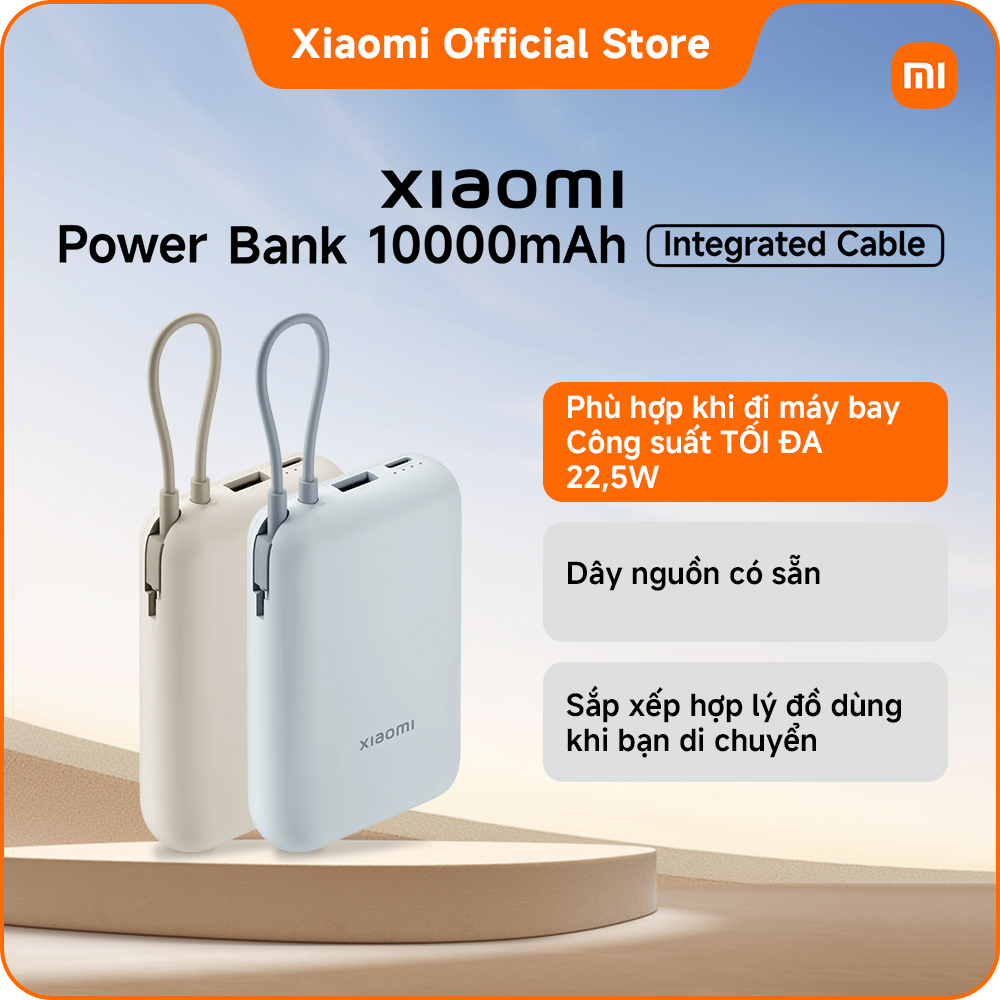 Xiaomi Power Bank 10000mAh (Integrated Cable) Kích thước nhỏ có thể bỏ túi để bạn có thể mang theo
