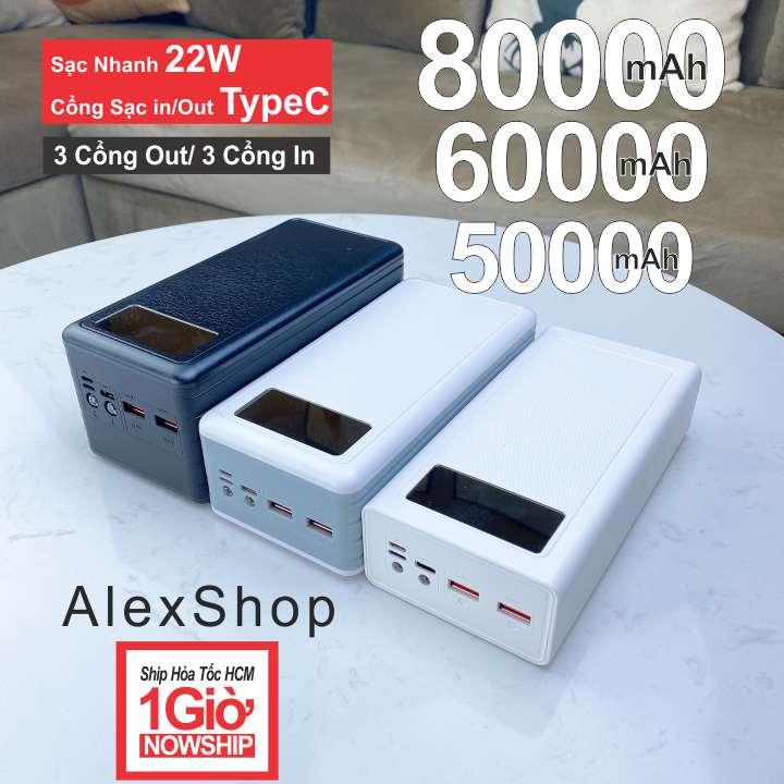 🔥17.9 - 30.9🔥[Sạc Nhanh 22W ] Sạc Dự Phòng Dung Lượng Khủng 50000mAh/60000mAh/800000mAh Có Màn Hình Led và Đèn Pin