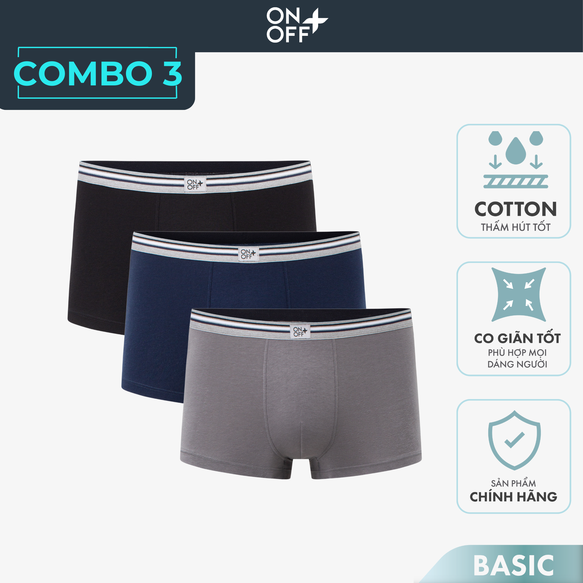 Combo 3 quần lót nam dáng trunk cotton Mỹ ONOFF Bacis thấm hút vượt trội an toàn cho làn da- 18UO23A035 
