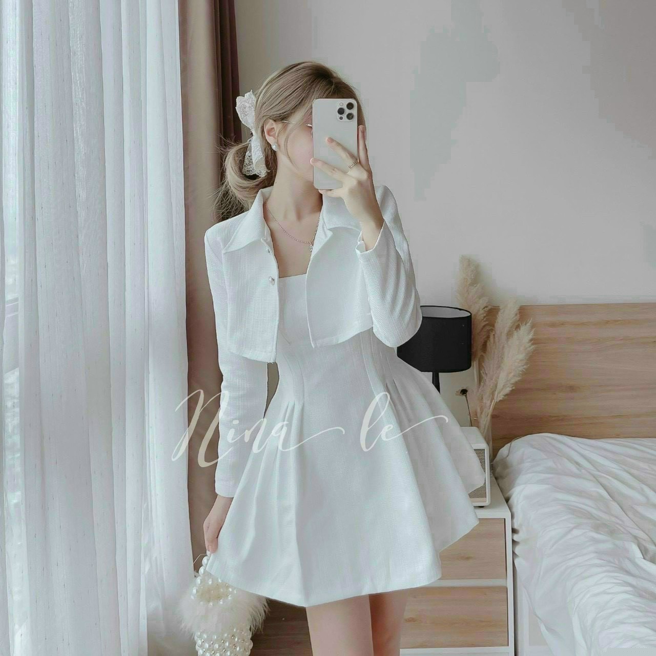 Set đầm xếp ly 2 bên kèm áo khoác croptop tay dài, mặc được 2 kiểu