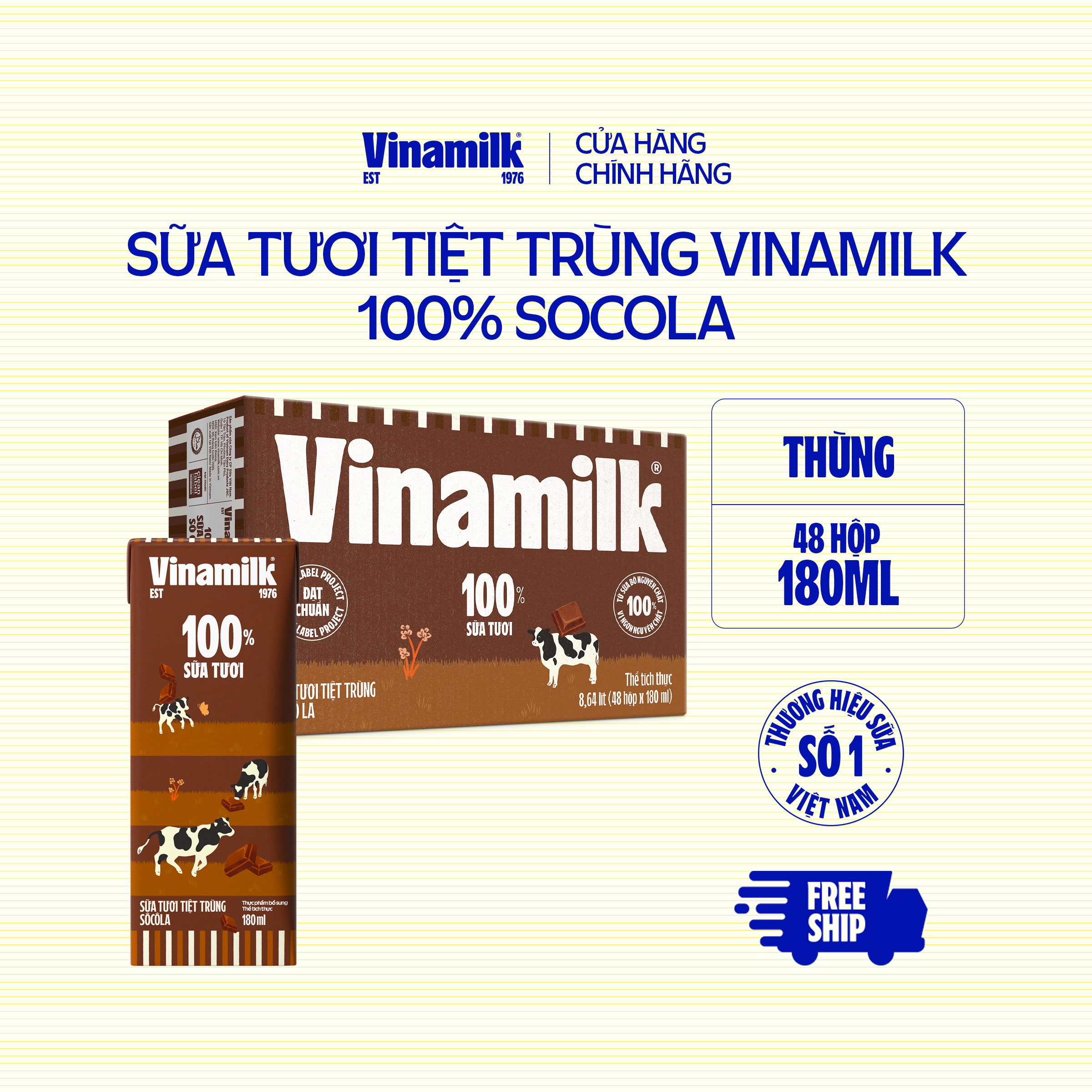 Thùng 48 Hộp Sữa tươi tiệt trùng Vinamilk 100% Socola 180ml