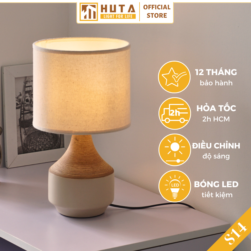 Đèn Ngủ Để Bàn Gốm Sứ Cao Cấp HUTA S14 Vân Màu Gỗ Độc Đáo Sang Trọng, Decor Trang Trí Phòng Ngủ, Khách Sạn, Đọc Sách Đầu Giường, Điều Chỉnh Độ Sáng, Ánh Sáng Vàng
