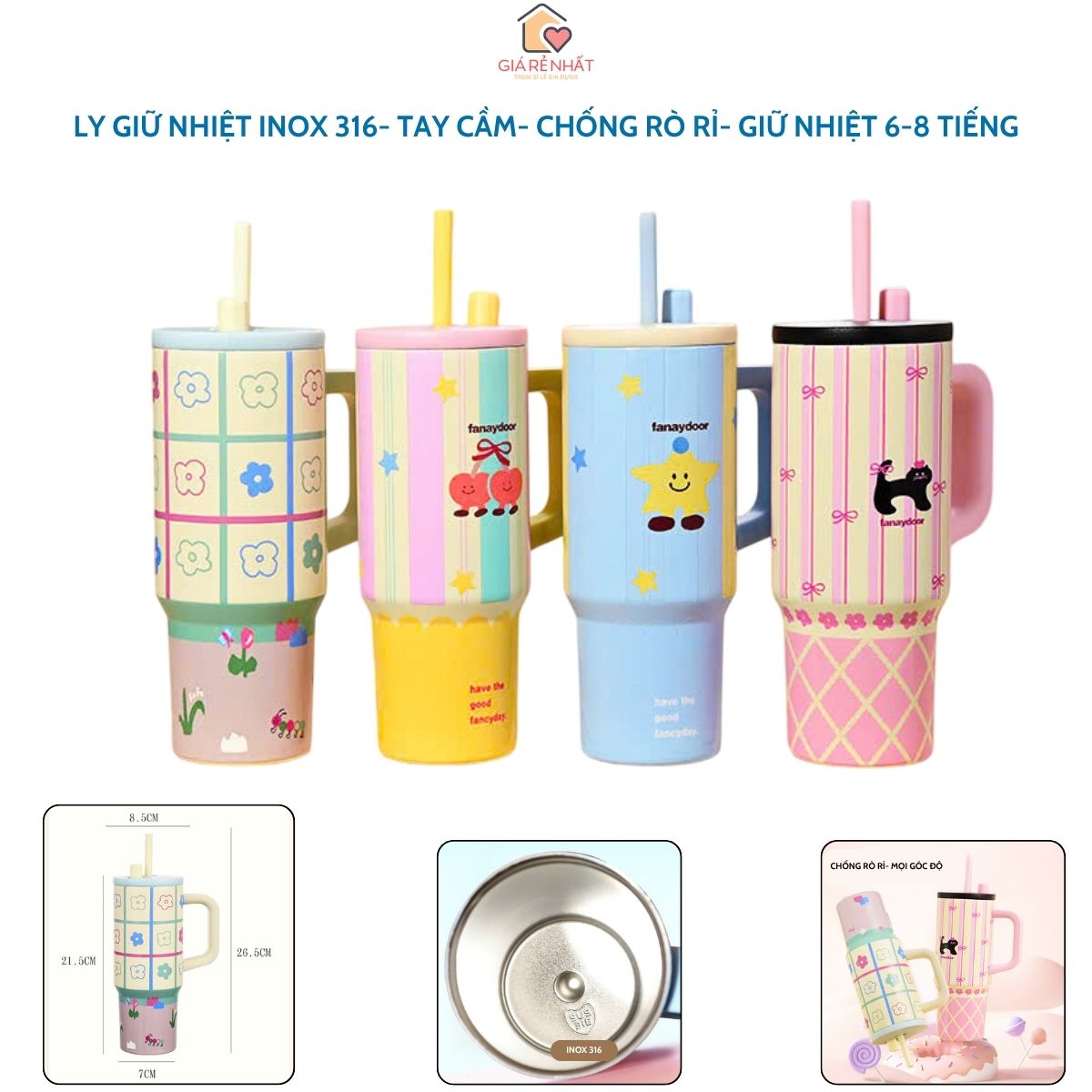 Ly Giữ Nhiệt Có Tay Cầm Inox 316 Cao Cấp Cute Dễ Thương, Dúng Tích 710ml