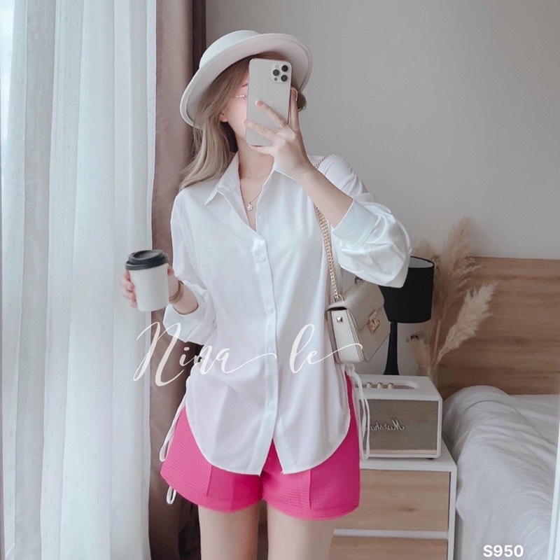 Áo sơ mi kiểu nữ rút dây eo kate lụa, áo sơmi nữ công sở cổ bẻ tay dài form rộng
