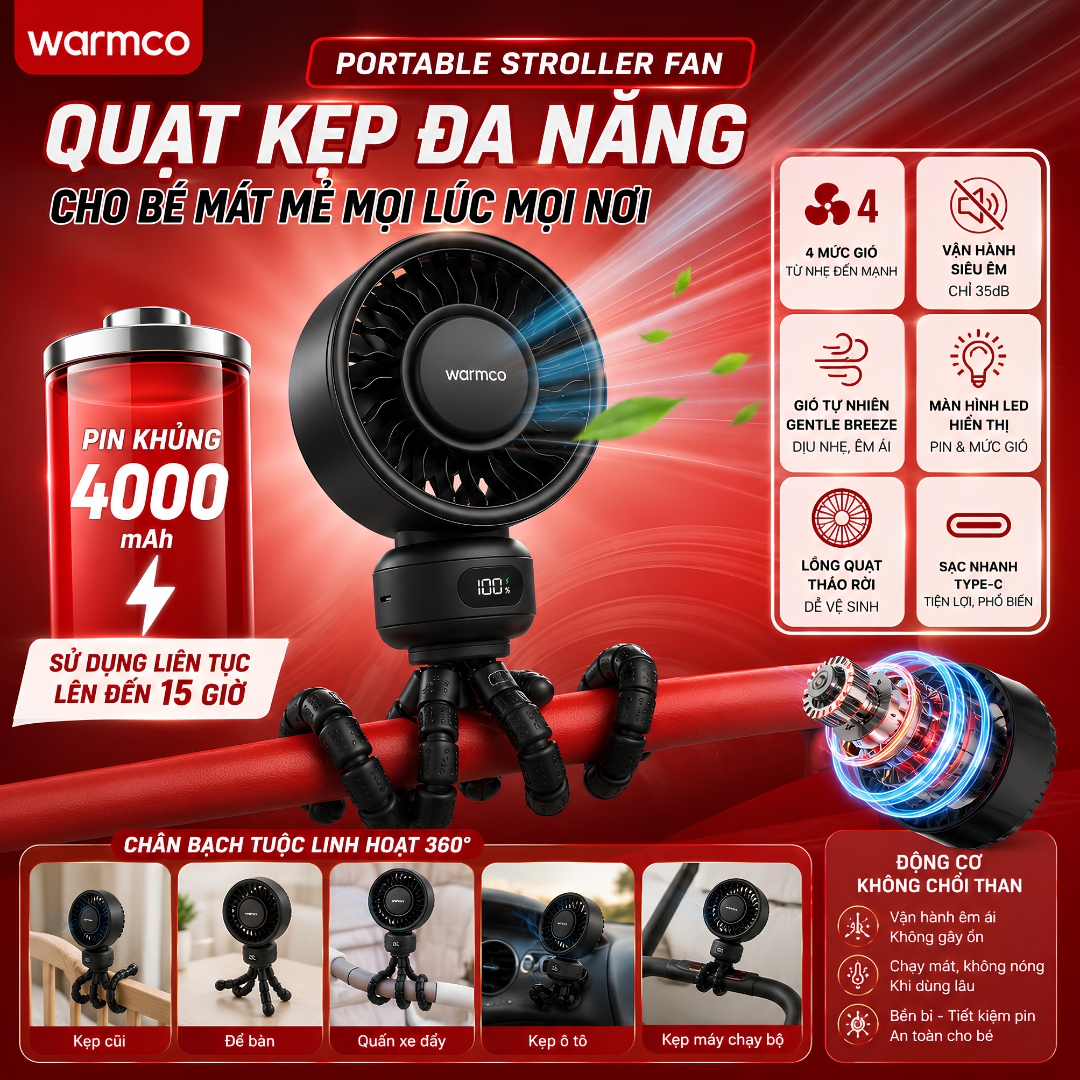 Quạt kẹp đa năng chân bạch tuộc linh hoạt warmco portable stroller fan • pin 4000mah • gió gentle breeze dịu nhẹ • 4 cấp độ gió • led hiển thị • vận hành 35db • lồng quạt tháo rời