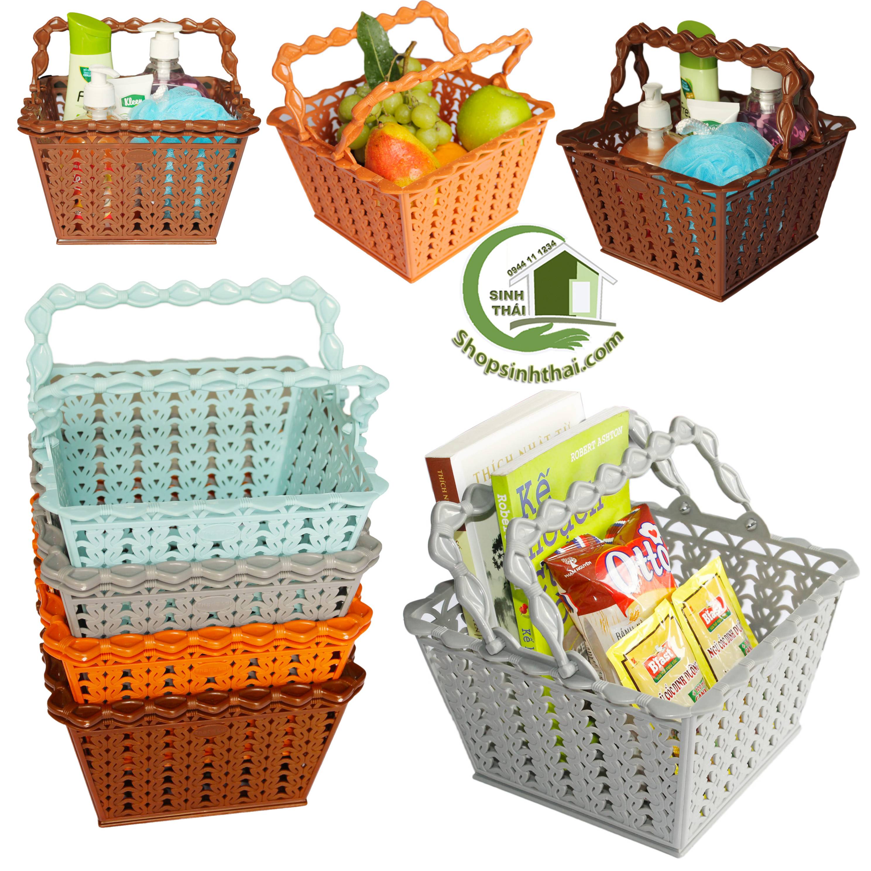 Rổ vuông hai quai xách - rổ nhựa có quai đựng hoa quả mỹ phẩm văn phòng phẩm 22x22x14cm - giao màu ngẫu nhiên