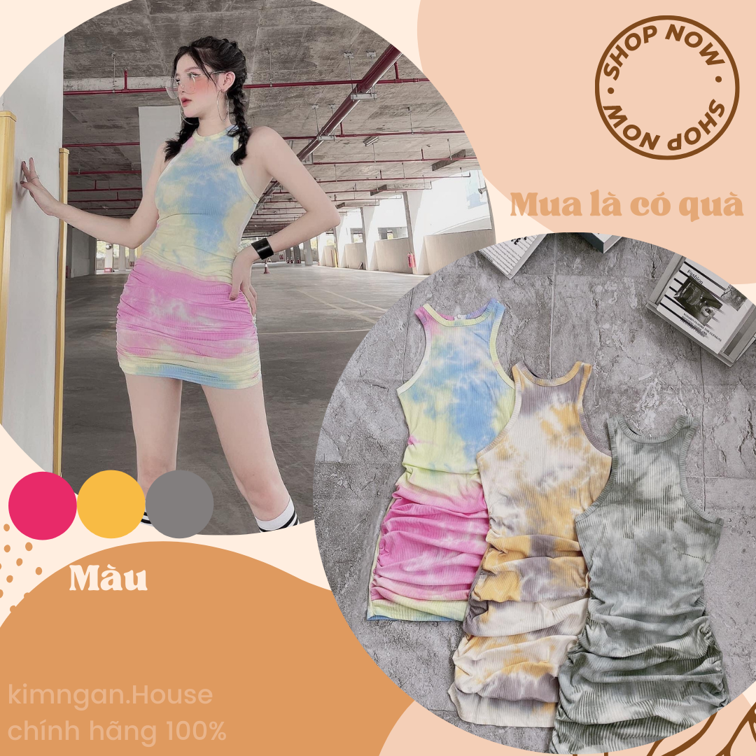 Đầm ba lỗ body nữ màu loang rút sườn hai bên kimngan.house