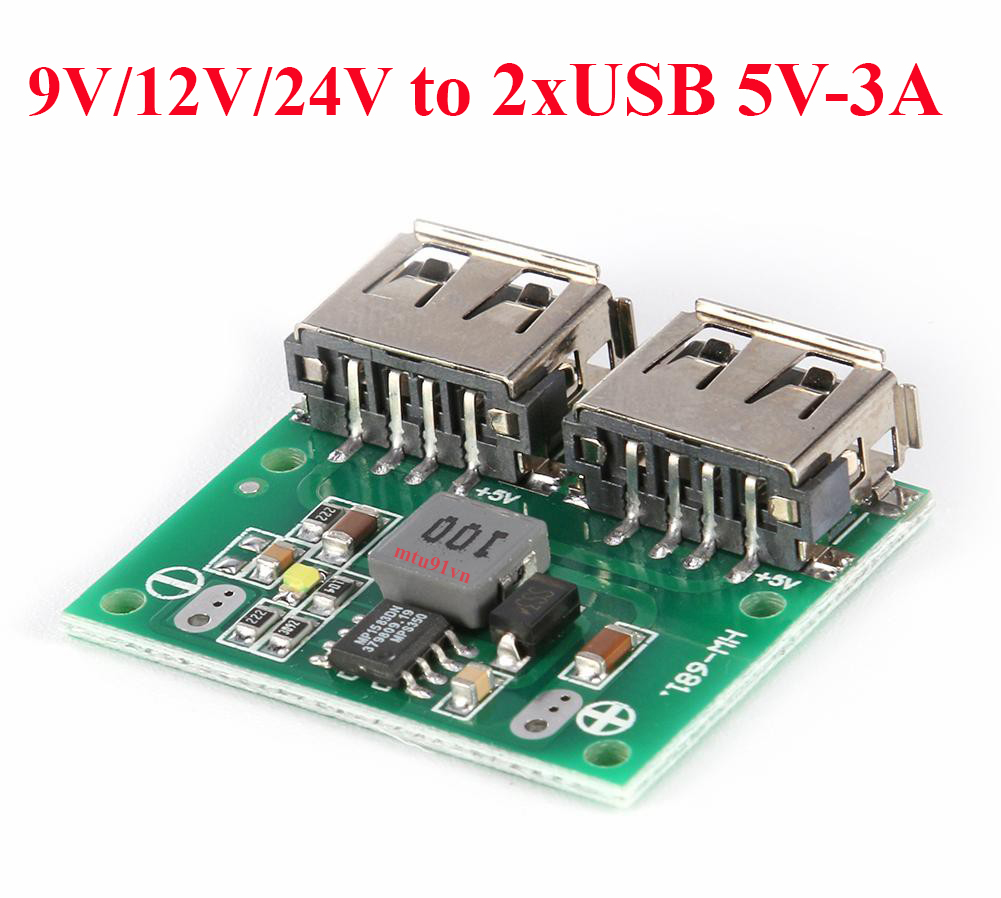 Mạch hạ áp dc 6 - 24v ra 2 cổng usb 5v sạc điện thoại