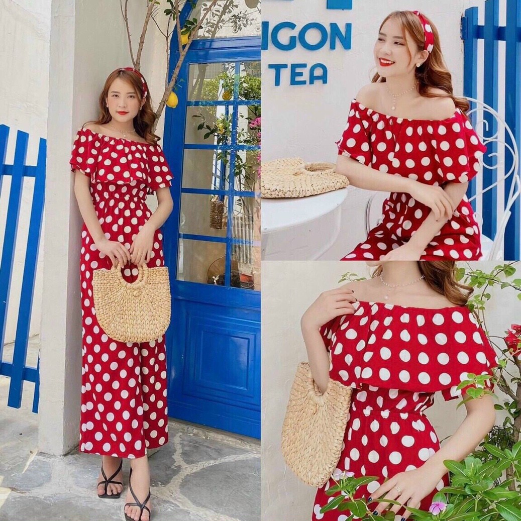 Jumpsuit nữ họa tiết chấm bi bẹt vai bèo ống rộng mặc siêu xinh có mút ngực