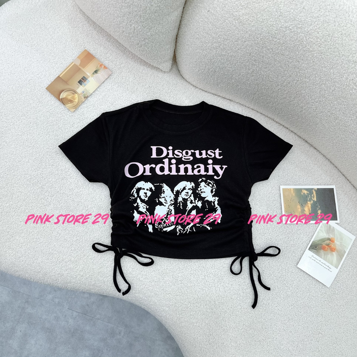 Áo croptop kiểu dây rút 2 bên PINKSTORE29 tay ngắn cổ tròn dáng ôm gợi cảm A5709