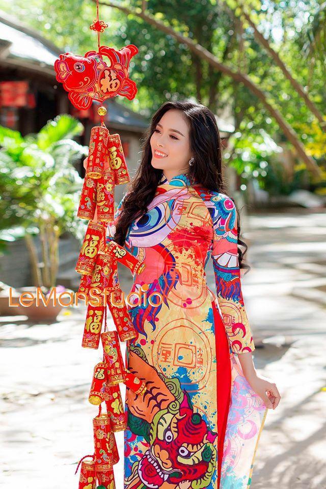 Bộ áo dài lụa truyền thống họa tiết múa lân - hàng cao cấp